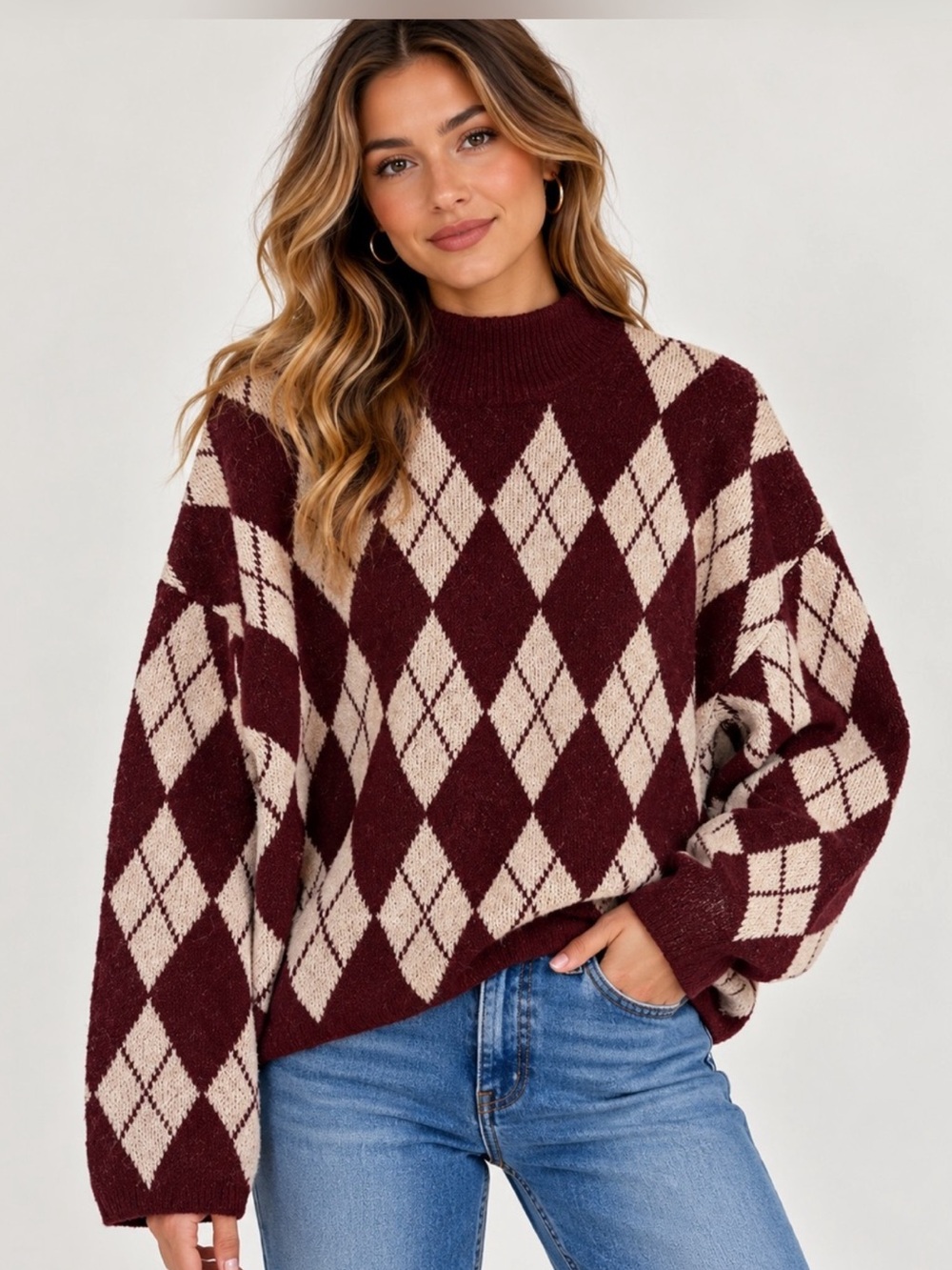 B.Young Burgundy Argyle Mock Neck Sweater NWT